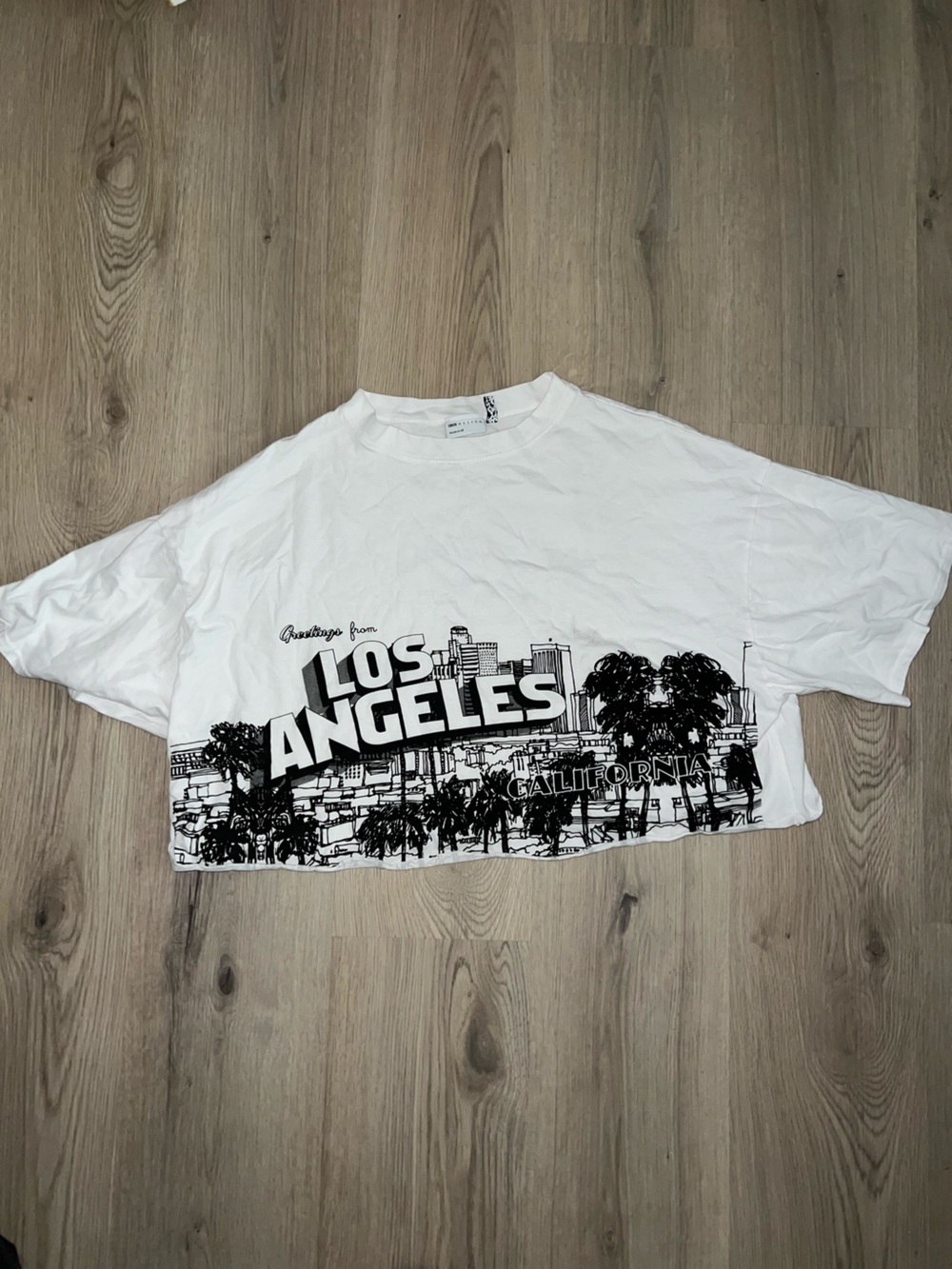 ASOS DESIGN Boxy White LA Graphic T-Shirt Size 14 Cropped Cutoff Hem 100% Cotton